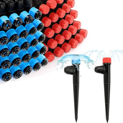 RedChili 50 Pieces Drip Emitters for 1/4" Drip Irrigation Tubing, 25 Pcs Vortex Emitters and 25 Pcs Stream Emitters Adjustable 360 Degree Full Circle Drip Emitters with Stake - size: Vortex&Stream Emitter
