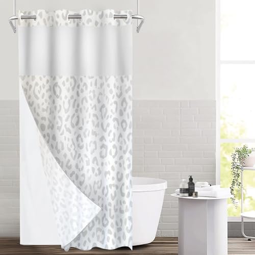 Grey Leopard Print No Hooks Shower Curtain with Snap in Liner Set, Animal Nature Cat Wildlife Fur Tub Curtainn Mesh Top Window & Magnetic Hem Waterproof 35.5X74 Inch - color: Animal Watercolor Dapple Black, size: 35.4"W x 74"L (Pack of 1)