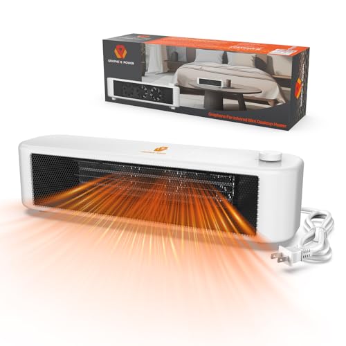 500W Graphene Far-Infrared Mini Desktop Heater, Low-Noise Personal Space Heater with Overheat Protection, Compact Under-Desk & Office Heater, 2 Heat Settings, Safe-Touch Housing