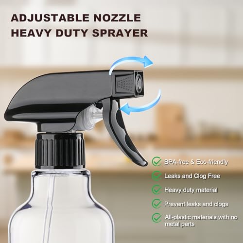 12oz/350ml Plastic Spray Bottles 1 Pack, Adjustable Mist/Stream | Refillable heavy duty spray containers for plants, cooking, hair care and household cleaning - color: 16.9oz-BlackClear