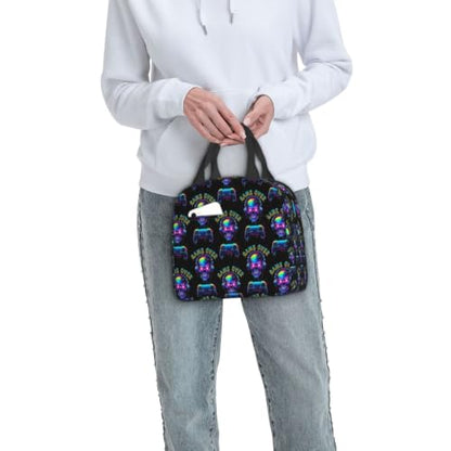 Women Skull Video Print Insulated Lunch Box Tote | Skull Video Game Over Print, Neoprene Hot & Cold Thermal Bag, Adjustable Strap for Hiking & Commute - color: Pattern (869)