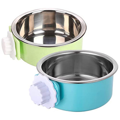 Dog Crate Bowl, Hanging Stainless Steel Removable Pet Crate Water & Food Bowls, Pet Cage Feeder Container Coop Cup for Cat Puppy Birds Rats Guinea Pigs Rabbit Hamster (2PCS) - color: (Round) Green/Blue