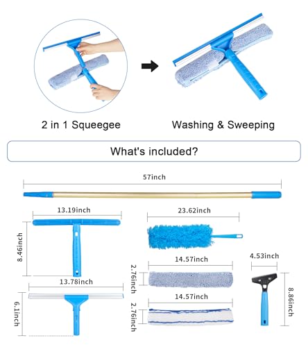 2 in 1 Window Squeegee Cleaning Kit with Aluminum Alloy Extension Poles, Scrubber, Glass Scrapper, Bendable Duster,2 Scrubber Cloth for Window, Car, Floor, Home, Garden - color: Gold