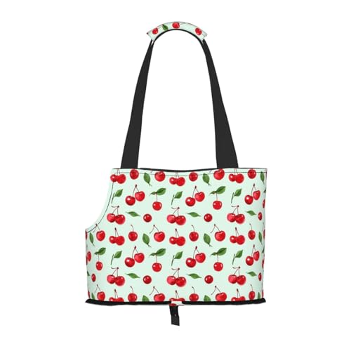 Small Pet Carrier Purse Bag, Red Cherries & Leaves Print Shoulder Bag for Dogs Cats, Puppy Tote Travel Handbag - color: Red Cherries & Leaves