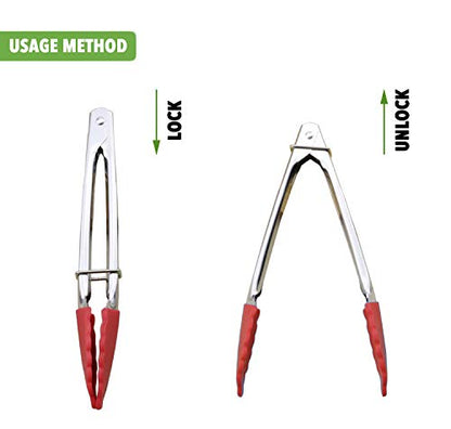 HINMAY Small Tongs with Silicone Tips 7 Inch Kitchen Tongs, Set of 3 (Red) - color: Red
