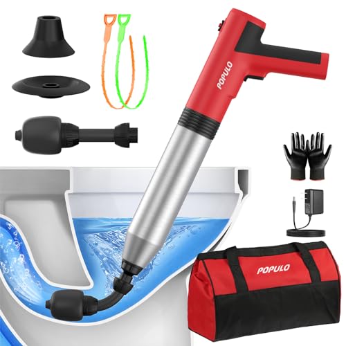 POPULO Electric Toilet Plunger, Air Powered Toilet Clog Remover, Heavy Duty Power Plunger, High Pressure Drain Unclogger for Household Toilets, Electric Drain Clog Remover with Built-in Air Pump