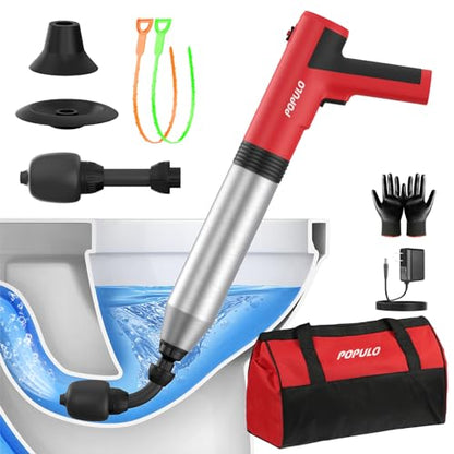 POPULO Electric Toilet Plunger, Air Powered Toilet Clog Remover, Heavy Duty Power Plunger, High Pressure Drain Unclogger for Household Toilets, Electric Drain Clog Remover with Built-in Air Pump