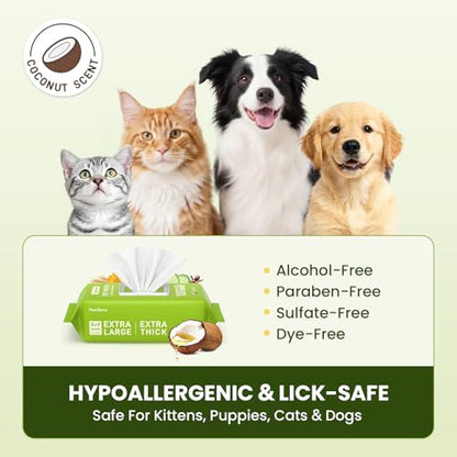 Hypoallergenic Pet Wipes for Dogs, Cats & Small Animals, 400 Coun | Quick Clean & Deodorize Paws, Butt, Eyes, Face & Fur | Daily Grooming Wipes | Extra Large & Thick | Coconut Scented - size: 400 Grooming Wipes