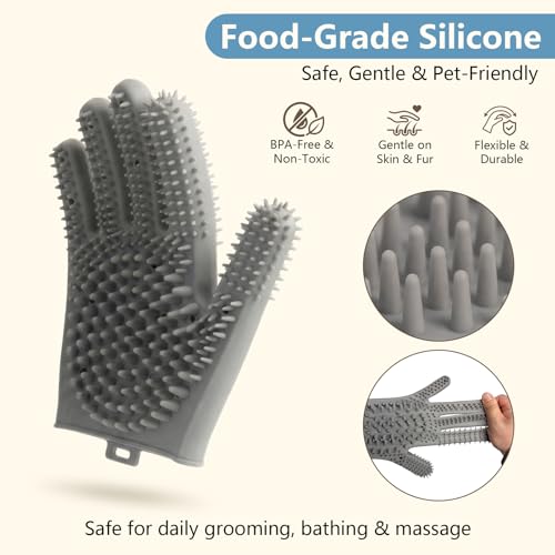 Pet Grooming Gloves for Cats & Dogs, Silicone Pet Hair Removal Glove for Bathing, Shedding & Massage, Gentle Cat & Dog Grooming Glove for Long & Short Hair Pets（Grey-Large） - size: Large（1pair）