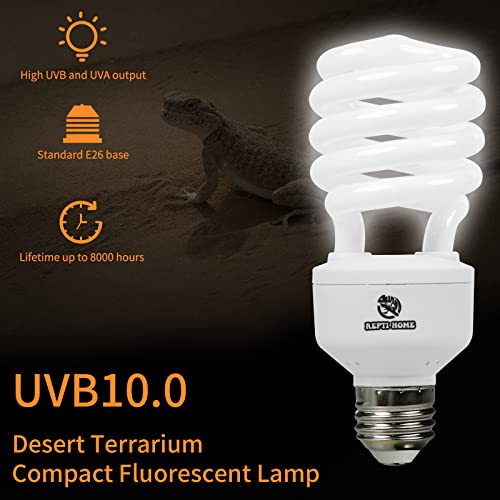 UVB Reptile Light 10.0, 26W Desert UVA UVB Bulb for Reptiles, Compact Desert Terrarium Lamp, Reptile UVB Light Bulb for Bearded Dragon, Lizard, Tortoise, Snake, Gecko - size: 10.0-26