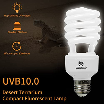 UVB Reptile Light 10.0, 26W Desert UVA UVB Bulb for Reptiles, Compact Desert Terrarium Lamp, Reptile UVB Light Bulb for Bearded Dragon, Lizard, Tortoise, Snake, Gecko - size: 10.0-26