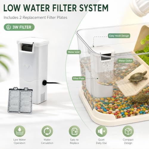 Baby Turtle Tank Starter Kit with UVA/UVB Lamp and Water Filter | Clear PC habitat with cream-white base, textured climbing ramp, ceramic hideout, four plants, grass mat and cleaning sponge