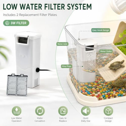 Baby Turtle Tank Starter Kit with UVA/UVB Lamp and Water Filter | Clear PC habitat with cream-white base, textured climbing ramp, ceramic hideout, four plants, grass mat and cleaning sponge