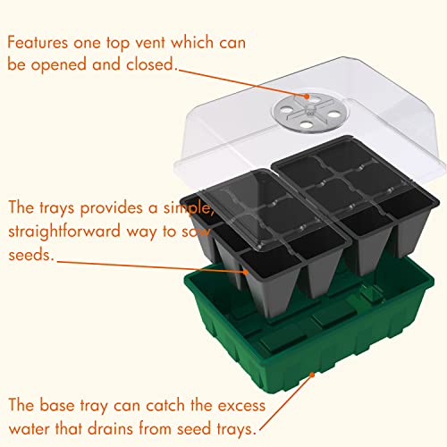 Gardzen 10 Pack Seed Starter Trays with Dome and Green Base 120 Cell | Garden Propagator Kit with Black Trays, 6.6"x4.5" Cells for Seed Germination, Seedlings and Indoor Plant Growing - size: 12-Cell Black 10-Pack