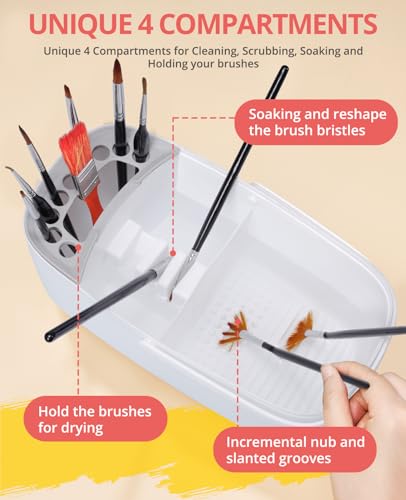 GAMENOTE Paint Brush Cleaner, Paint Brush Holder and Palette, White | All-in-one painting station washes and rests brushes, mixes colors, and stores paint in 18 wells with a portable handle. - color: White