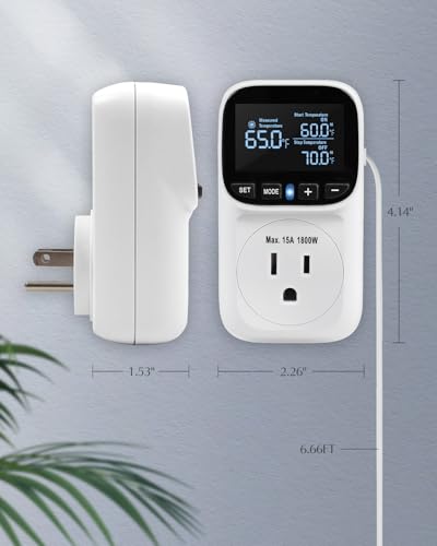 Digital Temperature Controller, Heating Cooling Thermostat Outlet | –40℉~210℉, Heavy Duty 15A 1800W Plug in Thermostat with LCD Display, Temperature Controlled Outlet for Homebrew Greenhouse - style: White