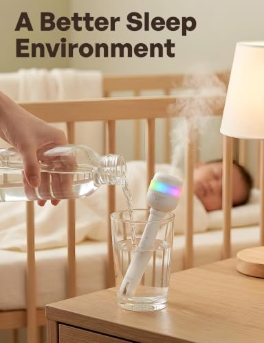 Portable Humidifier for Bedroom, Mini Humidifier fits any water bottle, USB-C Cool Mist Humidifier with 7 Color LED Night Light, Whisper quiet, 1200mAh Rechargeable for Car Office Travel