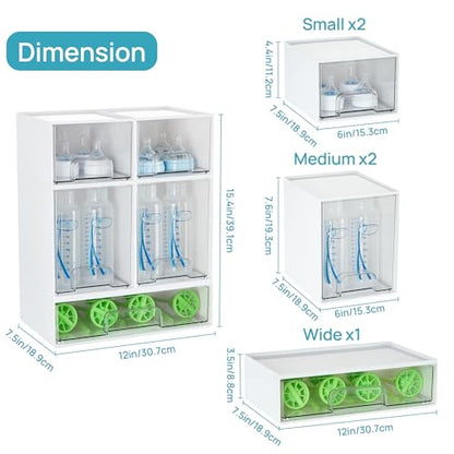 Vtopmart Stackable Storage Drawers Set of 5, Plastic Organizer Bins for Baby Bottle, Beauty Supplies Storage, Ideal for Kichen Countertop, Vanity, Bathroom, Cabinet, Pantry Organization,White - style: White-2 Small+2 High+1 Wide