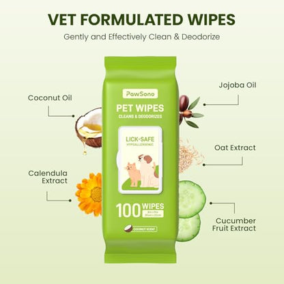 Hypoallergenic Pet Wipes for Dogs, Cats & Small Animals,100 Count | Quick Clean & Deodorize Paws, Butt, Eyes, Face & Fur | Daily Grooming Wipes | Extra Large & Thick | Coconut Scented - size: 100 Grooming Wipes