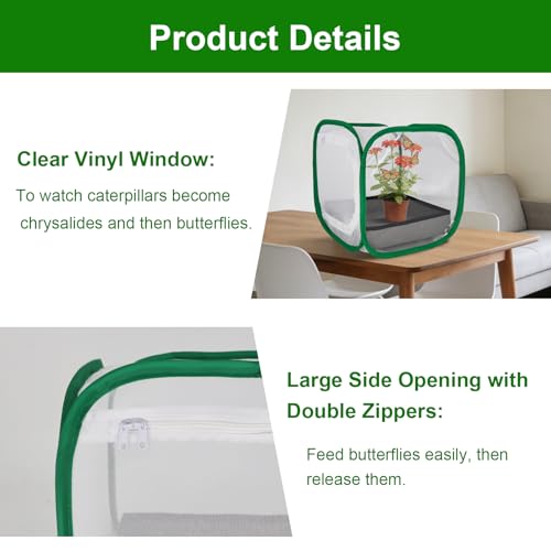 Butterfly Habitat Cage 12" x 12" x 12", Pop-up Butterfly & Insect Habitat Enclosure with Poop Tray for Easy to Clean, Small Foldable & Reusable Caterpillars Mesh Cage Terrarium for Indoor Use. - size: 12" x 12" x 12"