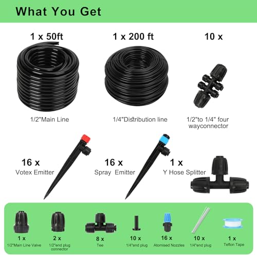 250FT Drip Irrigation Kit – 2026 New Quick-Connect Micro Irrigation System with 1/4'' 1/2'' Tubing, Locking Nozzle Emitters, Adjustable Misting Sprayers for Gardens, Lawns,Raised Beds and Greenhouses - size: 247FT (47FT 1/2 Inch+200FT 1/4 Inch）