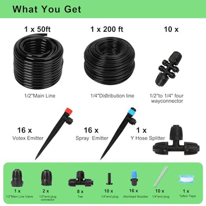 250FT Drip Irrigation Kit – 2026 New Quick-Connect Micro Irrigation System with 1/4'' 1/2'' Tubing, Locking Nozzle Emitters, Adjustable Misting Sprayers for Gardens, Lawns,Raised Beds and Greenhouses - size: 247FT (47FT 1/2 Inch+200FT 1/4 Inch）