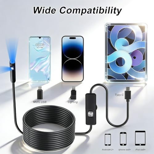 Endoscope Camera with Light,16.4ft Dual-Lens Borescope Tools with 8 Adjustable LED Lights, Endoscope with Semi-Rigid Snake Camera, IP67 Waterproof Inspection Borescope for iOS and Android - size: Dual-Lens 16.4ft