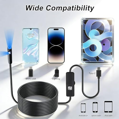 Endoscope Camera with Light,16.4ft Dual-Lens Borescope Tools with 8 Adjustable LED Lights, Endoscope with Semi-Rigid Snake Camera, IP67 Waterproof Inspection Borescope for iOS and Android - size: Dual-Lens 16.4ft