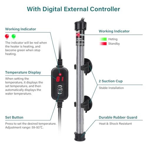 hygger Submersible Aquarium Heater, 100W 150W 200W 300W Adjustable Fish Tahk Heater with Temperature Controller, LED Display, Small Aquarium Betta Heater for up to 20/26/40/48 Gallons - size: 300W