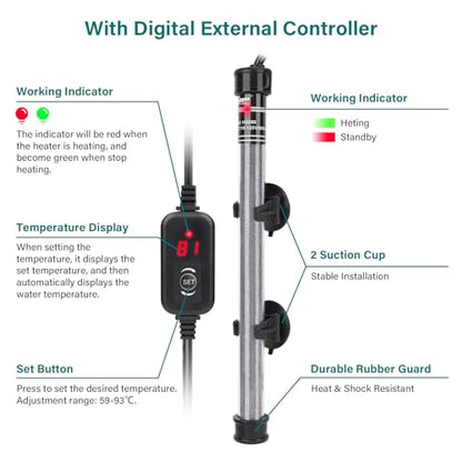 hygger Submersible Aquarium Heater, 100W 150W 200W 300W Adjustable Fish Tahk Heater with Temperature Controller, LED Display, Small Aquarium Betta Heater for up to 20/26/40/48 Gallons - size: 300W