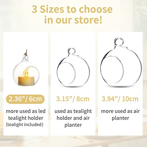 NUPTIO Hanging TeaLight Candle Holder: 24Pcs 2.36in Tree Tea Light Holders with LED Candles Small Glass Globes Ornament Clear Round Mini Terrarium Containers for Wedding Party Tree Decoration | Includes Flameless Votives, 2.36-Inch Clear Globes, Ready to