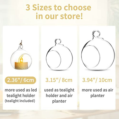 NUPTIO Hanging TeaLight Candle Holder: 24Pcs 2.36in Tree Tea Light Holders with LED Candles Small Glass Globes Ornament Clear Round Mini Terrarium Containers for Wedding Party Tree Decoration | Includes Flameless Votives, 2.36-Inch Clear Globes, Ready to