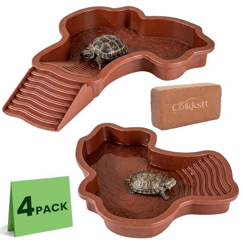 4 Pcs Tortoise Water Dish Reptile Bathing Pool with Ramp, Large Turtle Habitat Accessories Food Bowl for Box Turtle Bearded Dragon, Indoor Outdoor Enclosure Tank Feeding Basin (Brown) - color: Brown