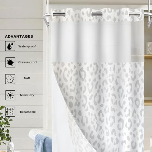 Grey Leopard Print No Hooks Shower Curtain with Snap in Liner Set, Animal Nature Cat Wildlife Fur Tub Curtainn Mesh Top Window & Magnetic Hem Waterproof 35.5X74 Inch - color: Animal Watercolor Dapple Black, size: 35.4"W x 74"L (Pack of 1)