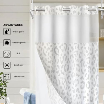 Grey Leopard Print No Hooks Shower Curtain with Snap in Liner Set, Animal Nature Cat Wildlife Fur Tub Curtainn Mesh Top Window & Magnetic Hem Waterproof 35.5X74 Inch - color: Animal Watercolor Dapple Black, size: 35.4"W x 74"L (Pack of 1)