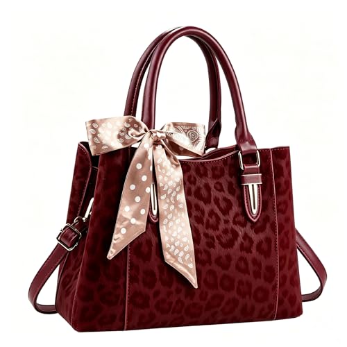 3 Compartment Satchel Purse Top Hnadle Bags Hobo Handbag for Women | Multi Compartment,Medium,Leopard Print Faux Fur,Detachable Shoulder Crossbody Strap,Work Office Daily,High elasticity base - color: Wine Leopard