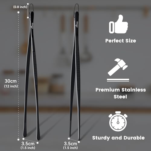 HOTEC Kitchen Tweezers Tongs Stainless Steel Professional Chef Tweezers, Set of 2-12inch Extra-Long Food Tongs for Cooking,Grill and Baking - color: Black, size: 2PCS: 12 Inch with hook