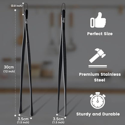 HOTEC Kitchen Tweezers Tongs Stainless Steel Professional Chef Tweezers, Set of 2-12inch Extra-Long Food Tongs for Cooking,Grill and Baking - color: Black, size: 2PCS: 12 Inch with hook