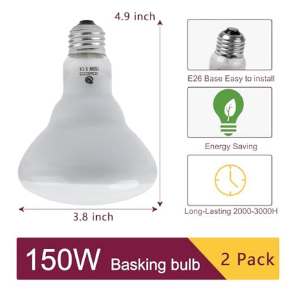 150W Reptile Heat Lamp Bulb 2 Pack,Basking Spot Lamp Bulb for Reptiles & Amphibians，Reptile Daylight Heat Bulb for Bearded Dragon, Lizard, Turtle - size: 150*2
