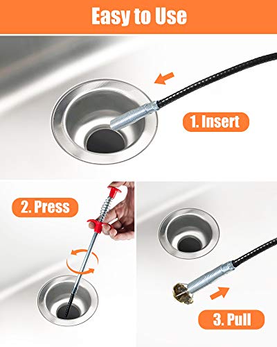 Hair Drain Clog Remover Tool – 6 × 25-Inch Sink Snake + 1 × 24-Inch Drain Cleaner Tool, Plumbing Snake for Shower, Toilet, Kitchen Sink & Tub – 7-Piece Hair Removal Tool Set