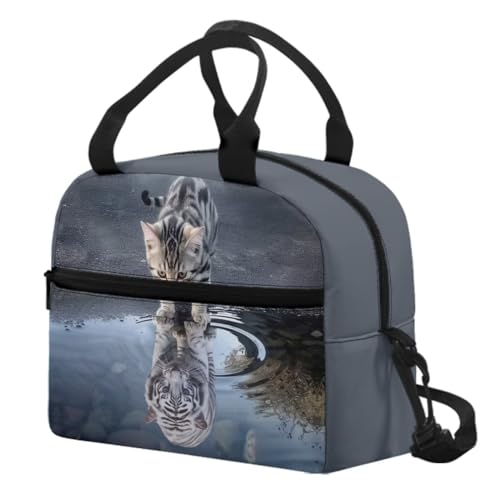Cat Tiger Insulated Lunch Bag for Girls Boys 4-6 8-10 12-14 Crossbody Lunch Box Tote Lunchbag Purse Leakproof Cooler Bag Meal Bento Bags for Men Women Office Work School - color: Cat Tiger