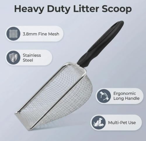 1Pc Stainless Steel Cat Litter Scoop, Fine Mesh Pet Sand Sifter Shovel | Small Hole Mesh Scooper with Comfort Handle,Suitable for Bentonite Sand, Cat, Reptile,Quail Terrarium Waste Cleaning