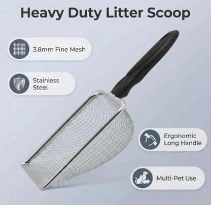 1Pc Stainless Steel Cat Litter Scoop, Fine Mesh Pet Sand Sifter Shovel | Small Hole Mesh Scooper with Comfort Handle,Suitable for Bentonite Sand, Cat, Reptile,Quail Terrarium Waste Cleaning