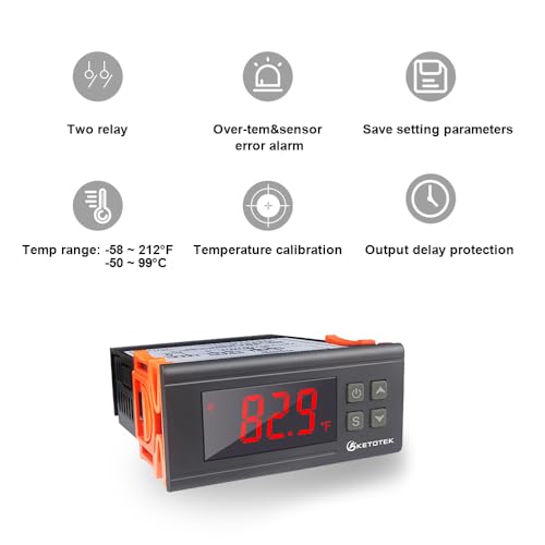 KETOTEK Digital Temperature Controller AC110V 10A Fahrenheit Thermostat with 2m Waterproof Sensor 2 Relays Heating Cooling Incubator - style: Output: 10A