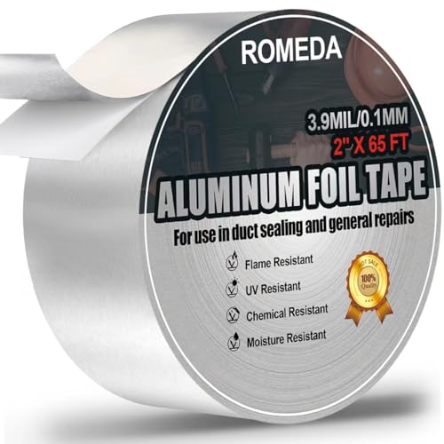 Romeda Aluminum Foil Tape, 2 inch x 65 Feet Foil Tape (3.9 mil), Silver Insulation Adhesive Metal Tape, High Temperature Heavy Duty HVAC Tapes for Ductwork, Dryer Vent, HVAC - size: 2 inch x 65 Ft