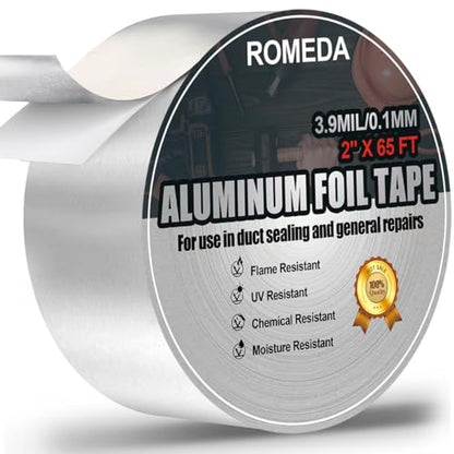 Romeda Aluminum Foil Tape, 2 inch x 65 Feet Foil Tape (3.9 mil), Silver Insulation Adhesive Metal Tape, High Temperature Heavy Duty HVAC Tapes for Ductwork, Dryer Vent, HVAC - size: 2 inch x 65 Ft