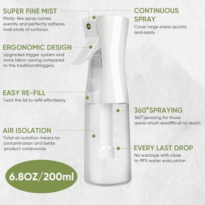Continuous Spray Bottles, Ultra Fine Mist Sprayer, Spray Bottle For Hairstyling, Cleaning, Plants, Pets, Barbers, Salons (White) - color: White