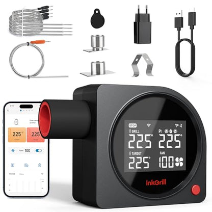 Smoker Temperature Controller for Big Green Egg, 5G WiFi & 164FT Bluetooth Automatic BBQ Fan with LCD Screen, 5 Probes, Overnight Cooking Grill Fan for Kamado, Weber, Ceramic Charcoal Grills
