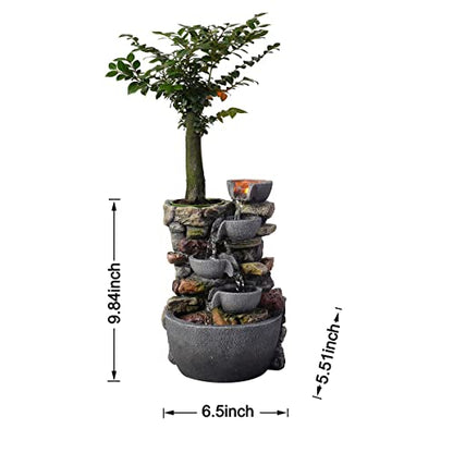 Haobos Indoor Fountain 4-Bowl Rockery Soothing Sound Tabletop Fountains Home/Office Decor Gift for Mom,Mother Day Present with A Small Plastic Pot to Grow Plant/Hebs By Yourself (Automatic Watering)
