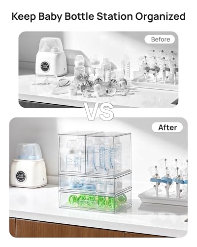 Vtopmart Clear Stackable Storage Drawers Set of 4, Plastic Organizer Bins for Makeup, Cosmetics, Beauty Supplies,Ideal for Vanity, Bathroom,Cabinet,Pantry Organization - style: 2 High+2 Wide